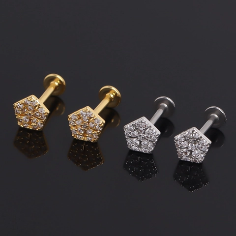 Geometric Star Pentagon Cartilage Piercing Stud Earrings Stainless Steel Rhinestone Threaded Ear Bone Nail Men Jewelry