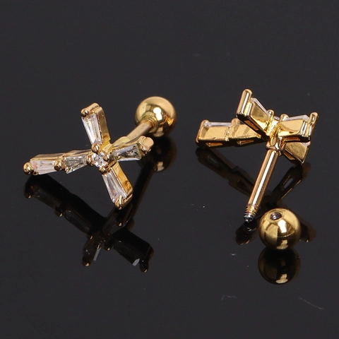 Stainless Steel Cross Stud Earrings For Women Rhinestone Inlaid Geometric Individual Trendy Jewelry Screw Ball Back Cartilage Earring