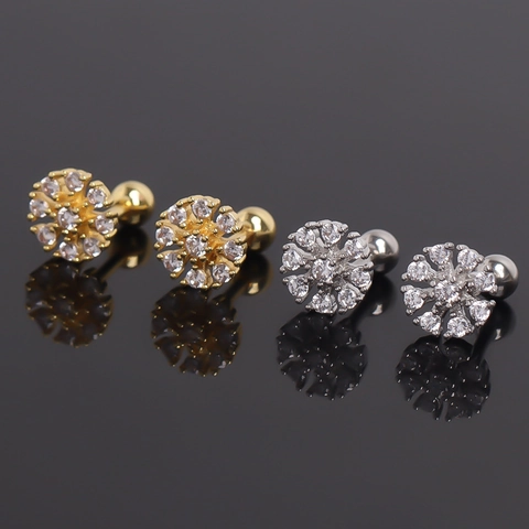 Stainless Steel Snowflake Eight-Pointed Star Stud Earrings Rhinestone Inlaid Geometric Screw Back Cartilage Piercing Jewelry For Unisex