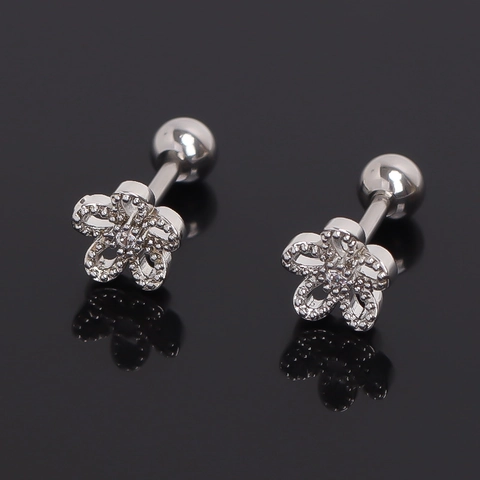 Boucles d'Oreilles Clous Fleur en Acier Inoxydable Mode pour Femmes Argent Incrustation de Strass Bijou d'Oreille Floral