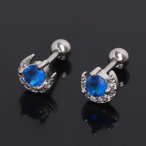 Blue Moon Zirconia Stainless Steel Stud Earrings Crescent Inlaid Rhinestone Cartilage Piercing Jewelry For Men Women