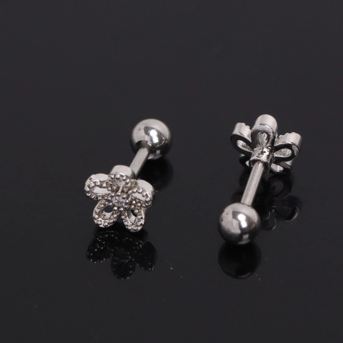 Boucles d'Oreilles Clous Fleur en Acier Inoxydable Mode pour Femmes Argent Incrustation de Strass Bijou d'Oreille Floral
