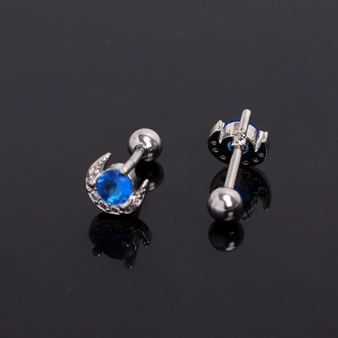 Blue Moon Zirconia Stainless Steel Stud Earrings Crescent Inlaid Rhinestone Cartilage Piercing Jewelry For Men Women