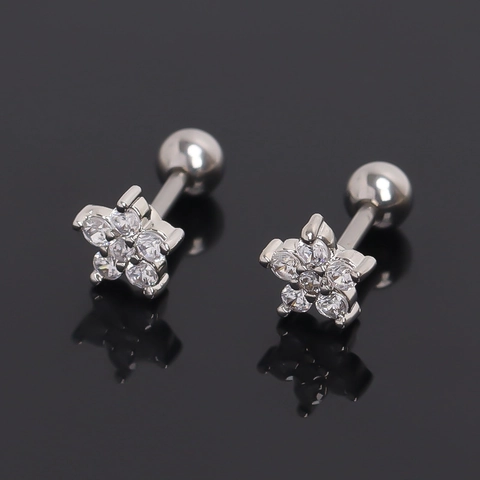 Orecchini a Bottone in Acciaio Inossidabile a Fiore per Donna Intarsiato con Strass Gioielli Floreali Tono Argento