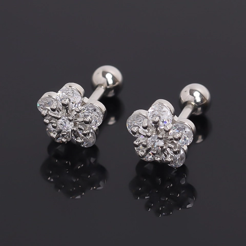 Orecchini a Bottone a Forma di Fiore in Acciaio Inossidabile per Donna Intarsiati con Strass Chiusura a Vite