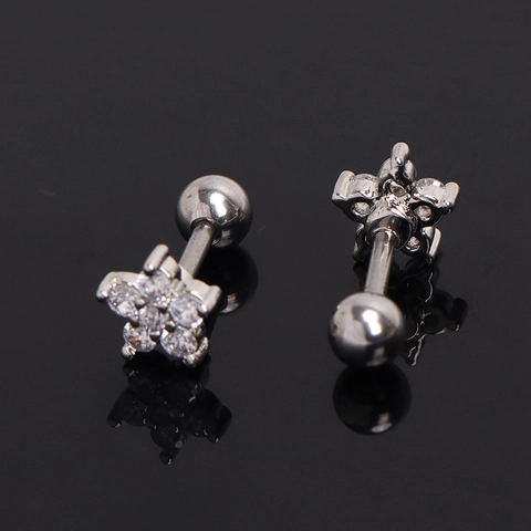 Orecchini a Bottone in Acciaio Inossidabile a Fiore per Donna Intarsiato con Strass Gioielli Floreali Tono Argento