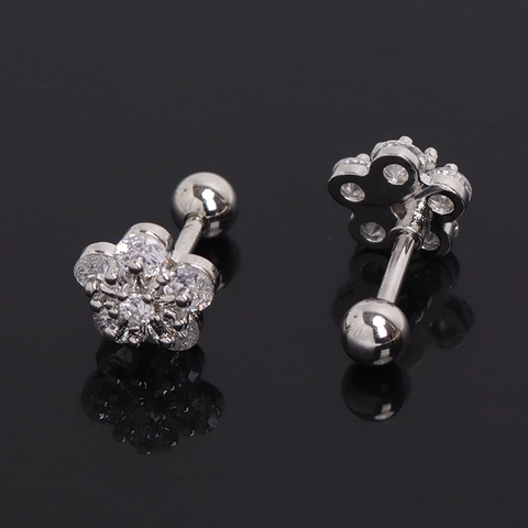 Orecchini a Bottone a Forma di Fiore in Acciaio Inossidabile per Donna Intarsiati con Strass Chiusura a Vite