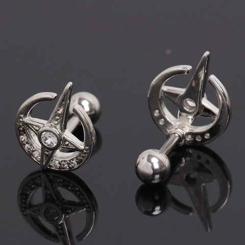 Orecchini a Bottone in Acciaio Inossidabile Stella Luna Con Strass Incastonati Stile Gotico Gioielli Chiodo Osso Orecchio Donna Uomo Colore Argento