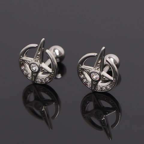 Orecchini a Bottone in Acciaio Inossidabile Stella Luna Con Strass Incastonati Stile Gotico Gioielli Chiodo Osso Orecchio Donna Uomo Colore Argento