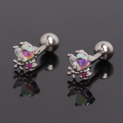 Stainless Steel Heart Stud Earrings Iridescent Stone Rhinestone Flower Bone Stud 1.4CM Threaded Ball Back Piercing Jewelry