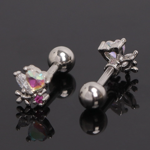 Stainless Steel Heart Stud Earrings Iridescent Stone Rhinestone Flower Bone Stud 1.4CM Threaded Ball Back Piercing Jewelry