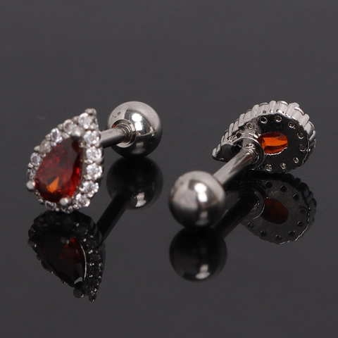 Minimalist Stainless Steel Water Drop Zirconia Stud Earrings For Women Red Stone Pave Rhinestone Screw Back Piercing Jewelry