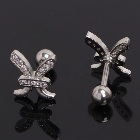 Stainless Steel Pisces Zodiac Symbol Cartilage Stud Earrings Silver Rhinestone Inlaid Screw Back Ball End Jewelry For Women
