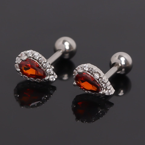 Minimalist Stainless Steel Water Drop Zirconia Stud Earrings For Women Red Stone Pave Rhinestone Screw Back Piercing Jewelry