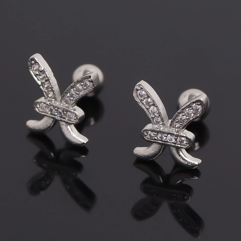 Stainless Steel Pisces Zodiac Symbol Cartilage Stud Earrings Silver Rhinestone Inlaid Screw Back Ball End Jewelry For Women