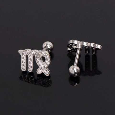Stainless Steel Virgo Zodiac Symbol Stud Earrings For Women Silver Color Rhinestone Inlaid Personalized Cartilage Piercing Jewelry