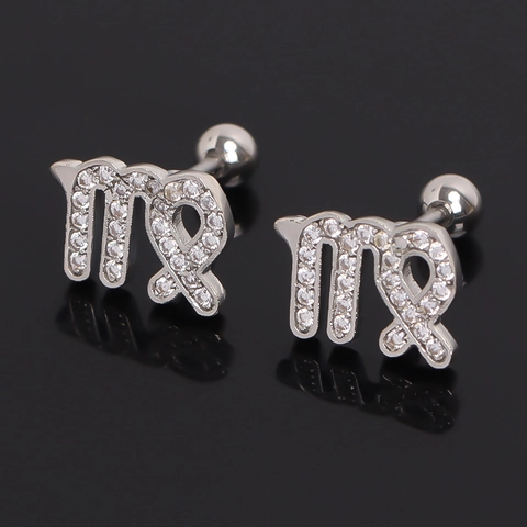 Stainless Steel Virgo Zodiac Symbol Stud Earrings For Women Silver Color Rhinestone Inlaid Personalized Cartilage Piercing Jewelry