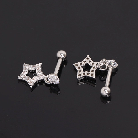 Orecchini a Bottone con Pendente a Stella in Acciaio Inossidabile Strass Intarsiato Pentacolo Piercing Cartilagine Unisex Argento
