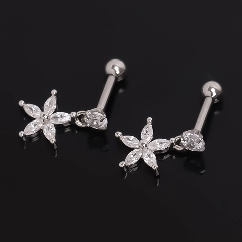 Stainless Steel Flower Screw Back Stud Earrings With Rhinestone Inlaid Silver Tone Cartilage Piercing Jewelry For Unisex