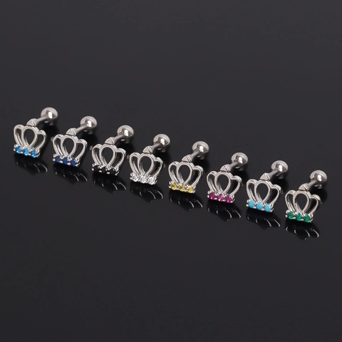 Crown Stainless Steel Stud Earrings Rhinestone Inlaid Individual Cartilage Screw Back Ear Piercing Jewelry For Men Women