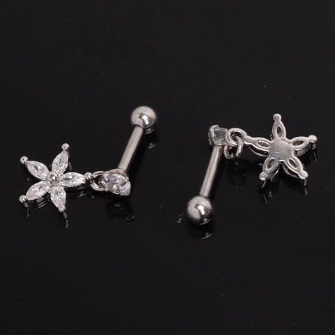 Stainless Steel Flower Screw Back Stud Earrings With Rhinestone Inlaid Silver Tone Cartilage Piercing Jewelry For Unisex