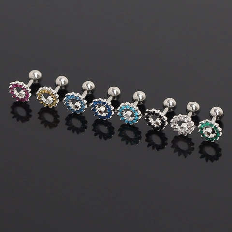 Roestvrij Stalen Bloem Barbell Oorknopjes Gekleurde Strass Ingelegd Schroefbal Sluiting Kraakbeen Oorbel Voor Unisex Sieraden
