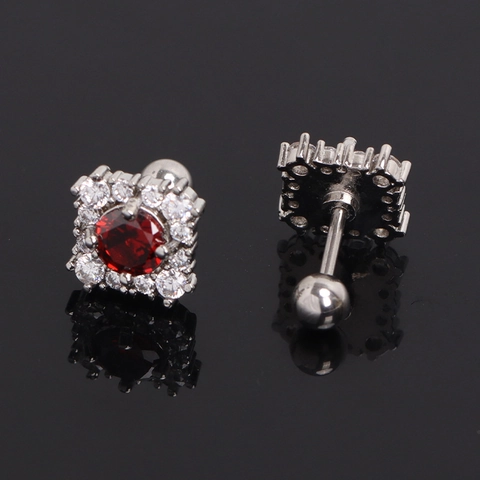 Orecchini a Bottone Quadrati in Acciaio Inossidabile Vintage Con Decorazione a Pavé di Strass Rossi Rotondi Gioielli