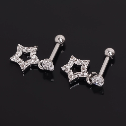 Orecchini a Bottone con Pendente a Stella in Acciaio Inossidabile Strass Intarsiato Pentacolo Piercing Cartilagine Unisex Argento