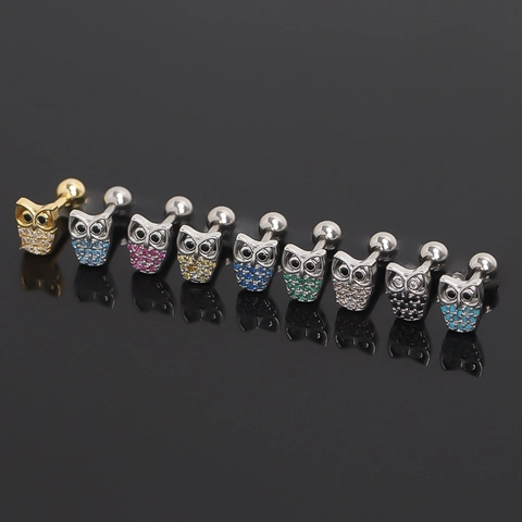 Stainless Steel Owl Stud Earrings For Women Men Cute Animal Rhinestone Inlaid Cartilage Barbell Ear Piercing Jewelry Single
