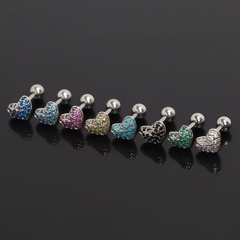 Orecchini a Bottone in Acciaio Inossidabile a Cuore Cartilagine Strass Multicolore Intarsiato Gioielli Piercing Sfera a Vite