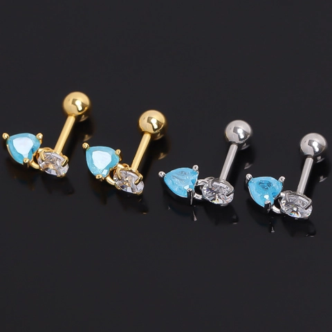 Boucles d'Oreilles Cartilage en Acier Inoxydable Minimaliste Forme de Coeur Strass Bleu Clair Barbell à Vis Femme