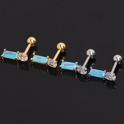 Boucles d'Oreilles Clous en Acier Inoxydable Strass Bleus Carré Géométrique de Cartilage Barbell pour Femme Bijoux Simple Élégant