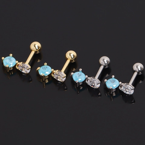 Stainless Steel Round Sapphire Blue Rhinestone Stud Earrings Simple Geometric Screw Ball Back Ear Bone Nail Jewelry