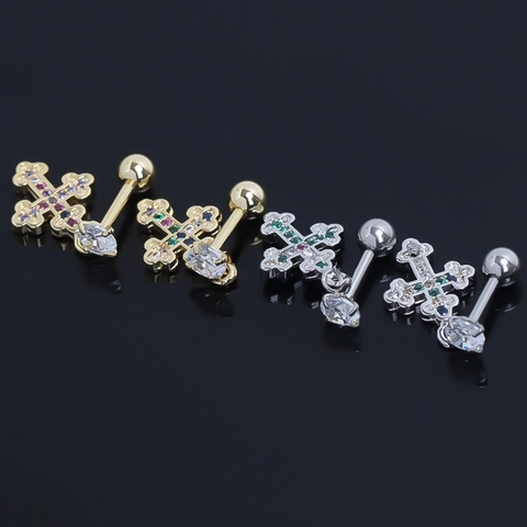 Orecchini a Bottone Vintage in Acciaio Inossidabile con Croce per Donna Uomo Strass Colorati Intarsiati Oro Argento Gioielli