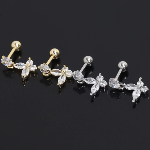 Butterfly Cubic Zirconia Stud Earrings Stainless Steel Post Screw Ball Back Minimalist Ear Bone Piercing Jewelry