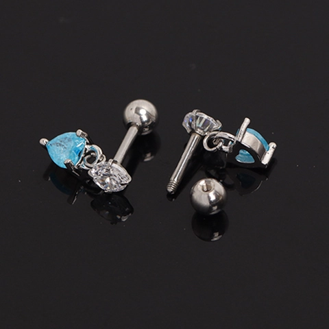 Boucles d'Oreilles Cartilage en Acier Inoxydable Minimaliste Forme de Coeur Strass Bleu Clair Barbell à Vis Femme