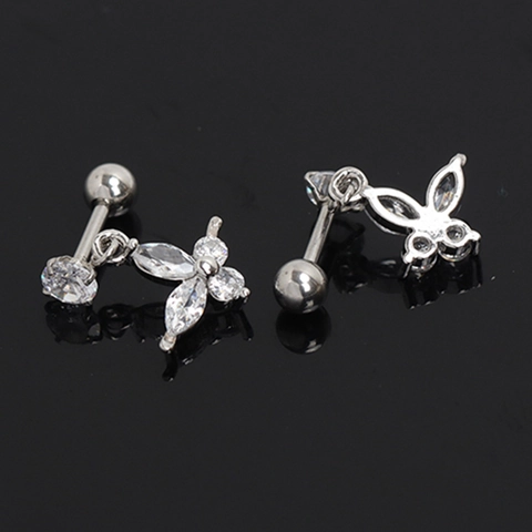 Butterfly Cubic Zirconia Stud Earrings Stainless Steel Post Screw Ball Back Minimalist Ear Bone Piercing Jewelry