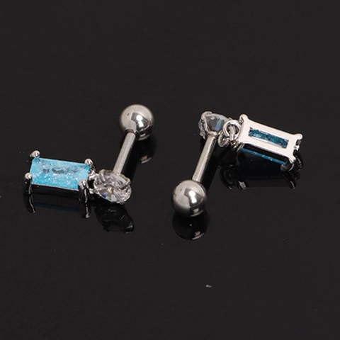Boucles d'Oreilles Clous en Acier Inoxydable Strass Bleus Carré Géométrique de Cartilage Barbell pour Femme Bijoux Simple Élégant