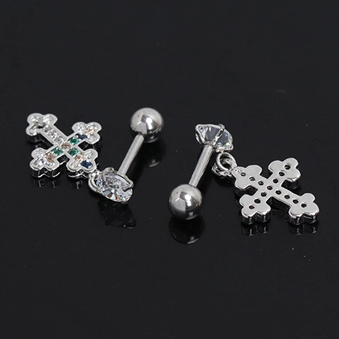 Orecchini a Bottone Vintage in Acciaio Inossidabile con Croce per Donna Uomo Strass Colorati Intarsiati Oro Argento Gioielli