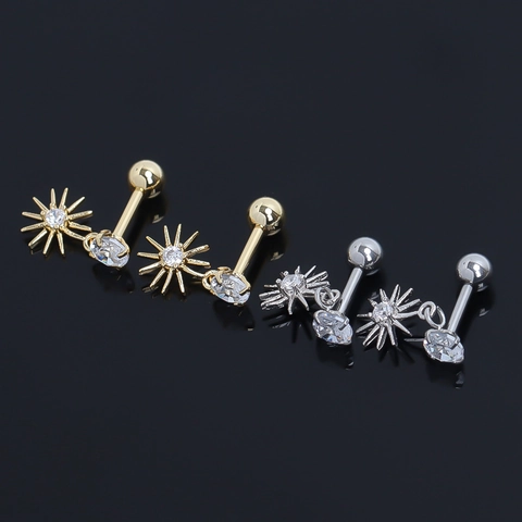 Stainless Steel Sun Eight Pointed Star Stud Earrings With Rhinestone Pave Gold Silver Color Small Ear Jewelry For Women Men