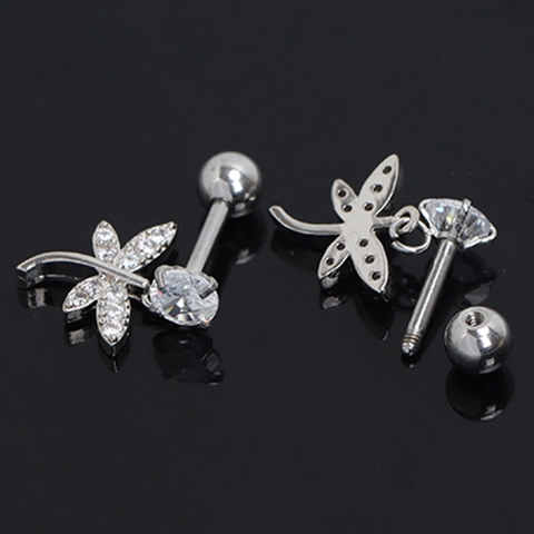 Stainless Steel Dragonfly Ear Bone Studs Screw Ball Back Rhinestone Inlaid Minimalist Jewelry For Women Gold Silver