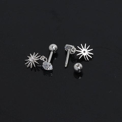 Stainless Steel Sun Eight Pointed Star Stud Earrings With Rhinestone Pave Gold Silver Color Small Ear Jewelry For Women Men
