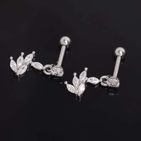 Stainless Steel Flower Leaf Cartilage Stud Earrings For Women Men Silver Color Marquise Rhinestone Piercing Jewelry Ear Bone Nail