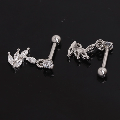 Stainless Steel Flower Leaf Cartilage Stud Earrings For Women Men Silver Color Marquise Rhinestone Piercing Jewelry Ear Bone Nail