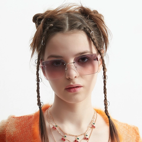 Vintage Rimless Square Sunglasses For Men Women UV400 Protection Diamond Cut Gradient Lens Oversized Fashion Streetwear Eyewear