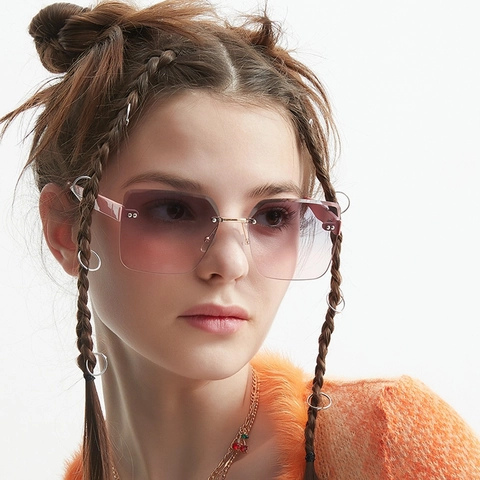 Vintage Rimless Square Sunglasses For Men Women UV400 Protection Diamond Cut Gradient Lens Oversized Fashion Streetwear Eyewear