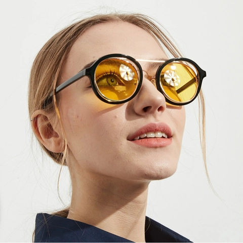 Gafas de Sol Redondas Retro para Mujeres Hombres Montura de Metal y Plástico de Doble Puente Protección UV400 Lente Colorida Transparente