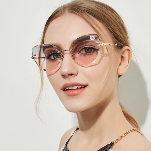 Gafas de Sol Retro sin Montura Ojo de Gato para Mujer Lentes Degradadas Corte Diamante Marco de Metal Moda UV400
