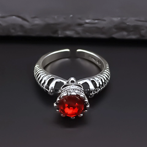 Gothic Skull Skeleton Ribs Ring Red Rhinestone Inlaid Alloy Vintage Adjustable Open Ring Punk Rock Jewelry For Men Women