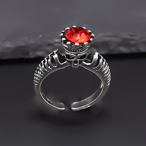 Gothic Skull Skeleton Ribs Ring Red Rhinestone Inlaid Alloy Vintage Adjustable Open Ring Punk Rock Jewelry For Men Women